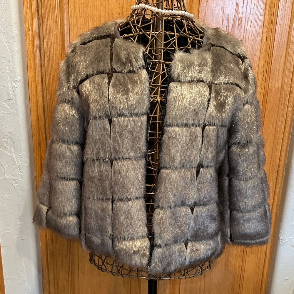 Cirana Gray/Silver Faux Fur Jacket Size Medium. Cropped arms. Fully Lined